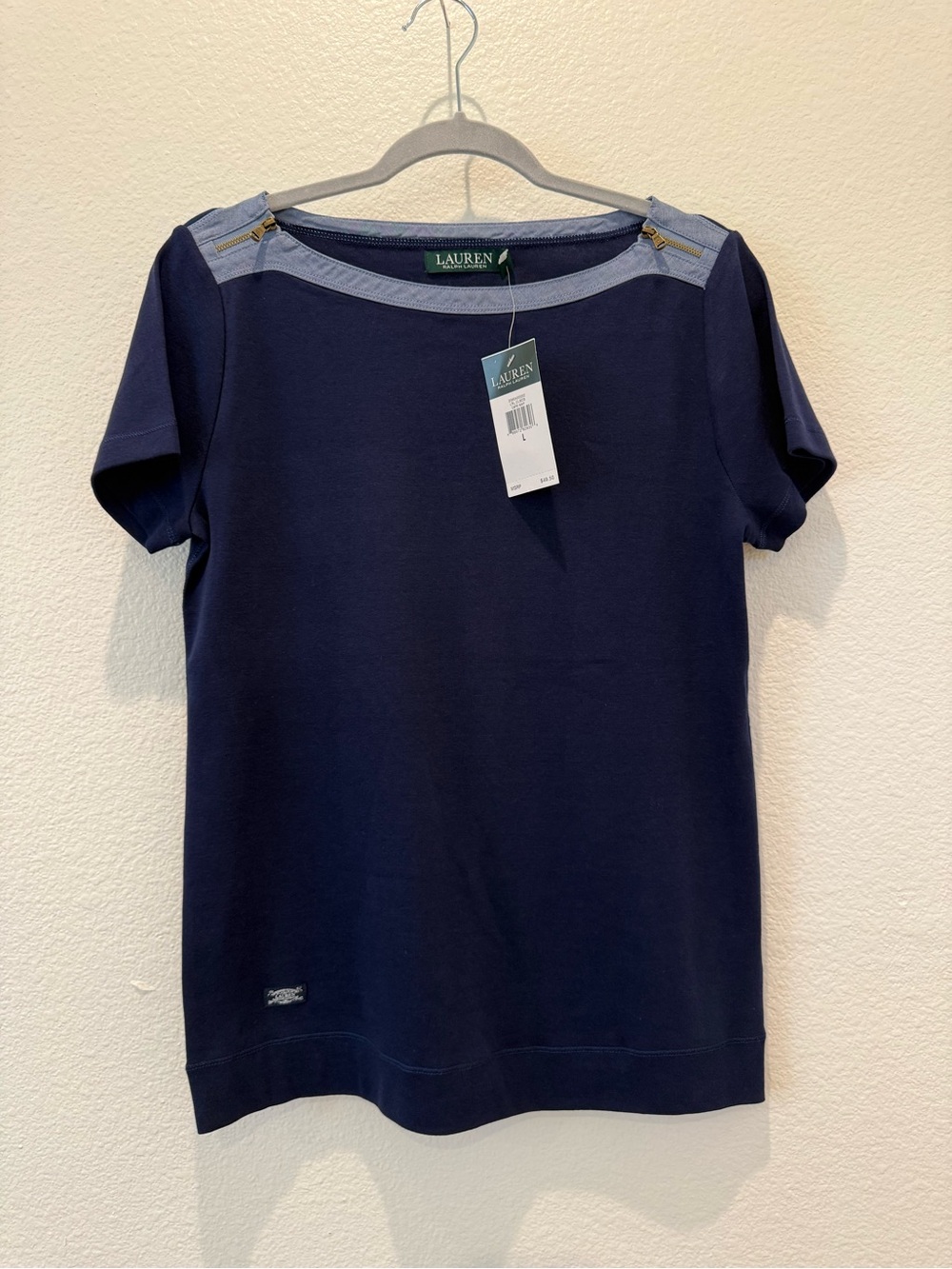 Ralph Lauren NWT tee shirt navy blue 100% cotton zip shoulder size L large